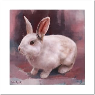 Painting of a Cute Fluffy White Rabbit on a Pink Shaded Background Posters and Art